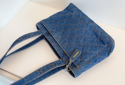 CHANEL Vintage Tote Denim Diamond Pattern Shoulder bag Blue