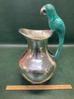 Mexican Silverplate Bird Parrot Pitcher w/ Malachite ~Los Castillo Style 13.5"