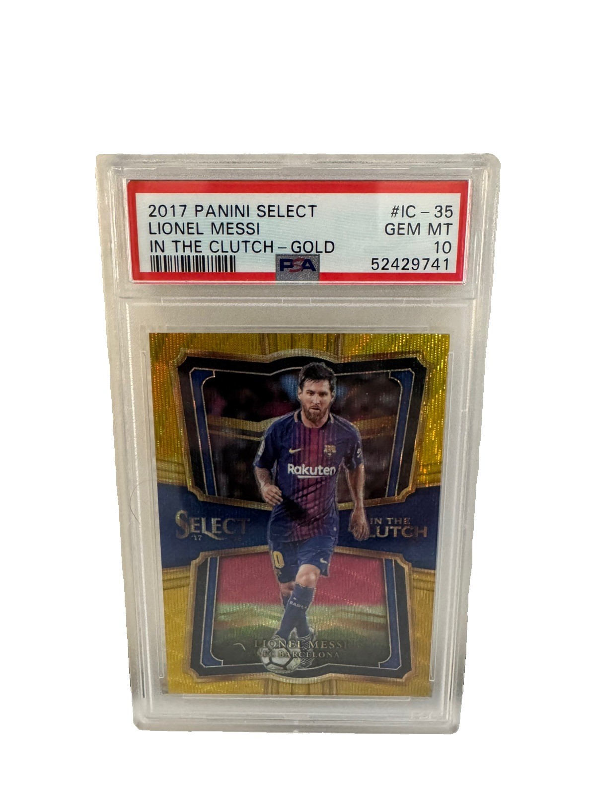 Lionel Messi 2017 Panini Select In The Clutch FC Barcelona Gold Prizm /10 PSA 10 view 3