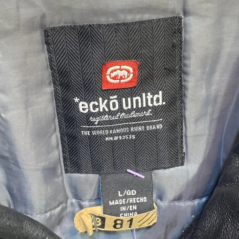 Chaqueta Universitaria Ecko De Colección Para Hombre L Negra Cuero Mangas Logo 72 Y2K Años 90 A71 Foto 2 de 4