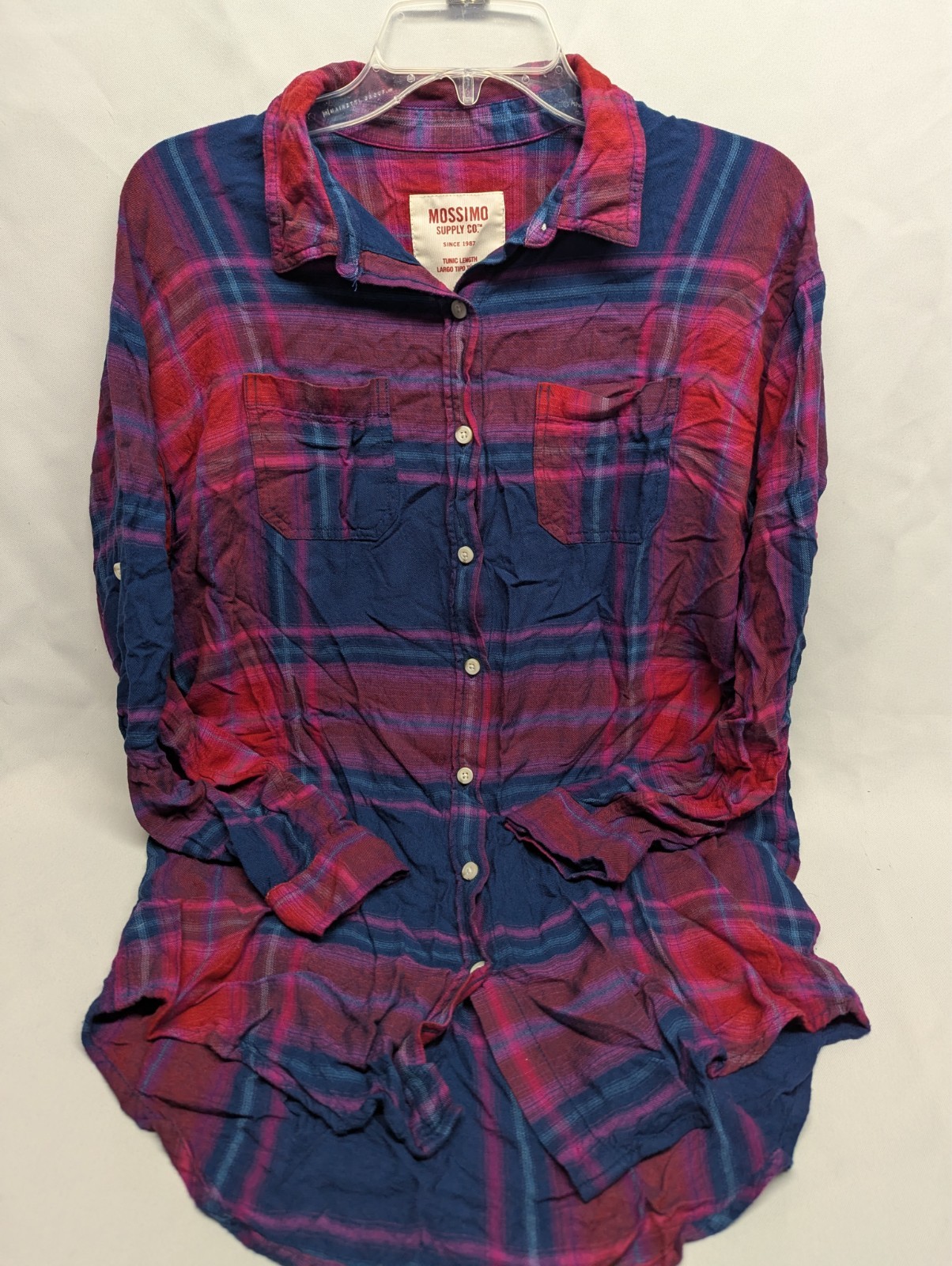 Mossimo Supply Co Women's Tunic length Red Blue Plaid Button Up Shirt Size S