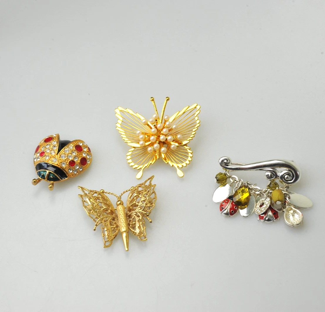 Vtg Modern Brooch LOT ladybug butterfly Roman Monet rhinestone enamel XD11