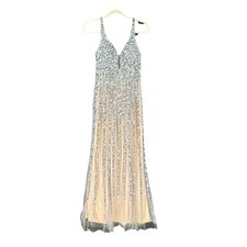 Dave  Johnny Women  s Sequin Prom Gown Nude Blue Beaded Maxi Size 1/2 Formal