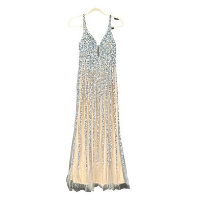 Dave & Johnny Women s Sequin Prom Gown Nude Blue Beaded Maxi Size 1/2 Formal