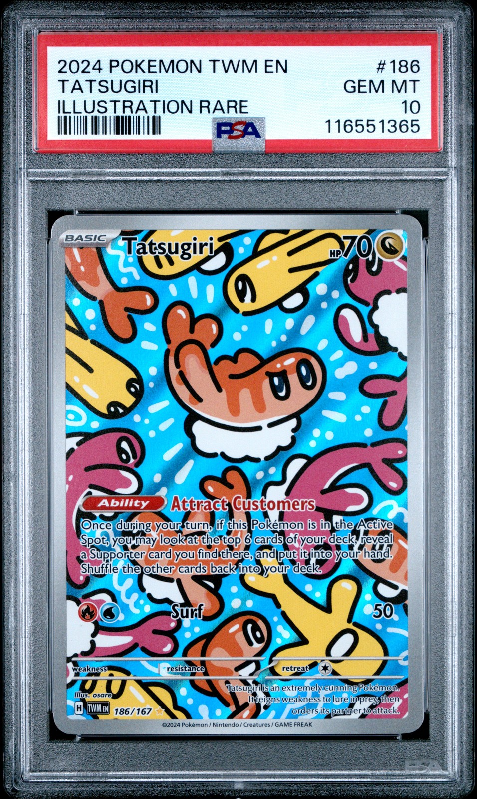 2024 POKEMON TWM EN-TWILIGHT MASQUERADE ILLUSTRATION RARE #186 TATSUGIRI PSA 10
