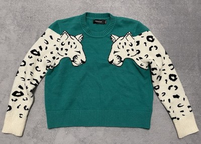 MINKPINK Small Snow Leopard Sleeved Sweater Emerald Green Kelly Boho Cheetah Top