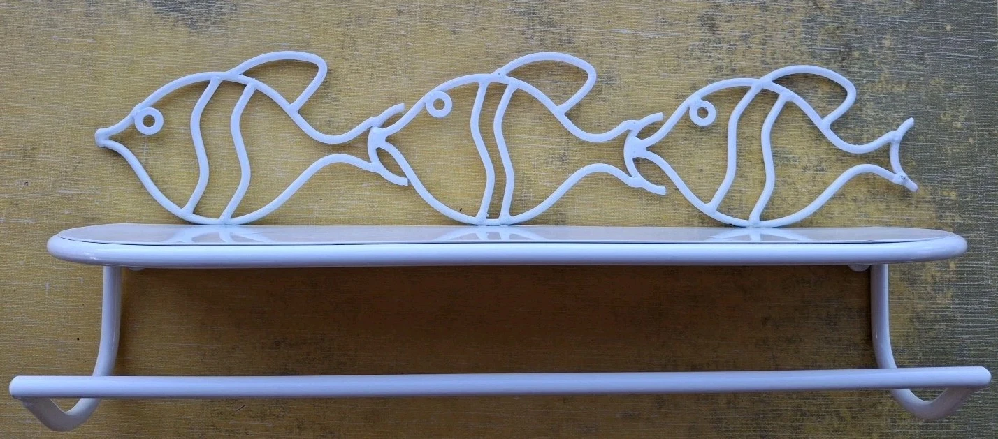 Vintage White Cream Fish Metal Shelf Towel Bar Shabby Chic Beach 5"x 8" x 19"