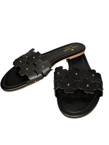 NEW Kate Spade Women 9.5 "Daisy Field" Sandals ALL Leather Flowers Slip On Black - Picture 5 of 7