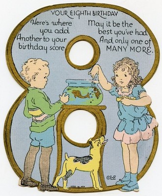 Kids feeding Fish Bowl Stand - Large 8 8th  Birthday Greeting Card - 1920s -30s