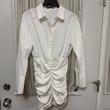 SHEIN Women’s Med White Button-Down Shirt Dress Ruched Skirt Oversized Cuffs