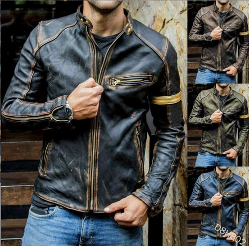 Herren Retro Stehkragen Motorrad, abgenutzte Coffee Shop Punk Stil Lederjacke - Bild 2 von 10