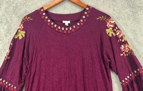 SPENSE Womens Dress Large Boho Red Burgundy Embroidered Floral Long Sleeve - Picture 15 of 16