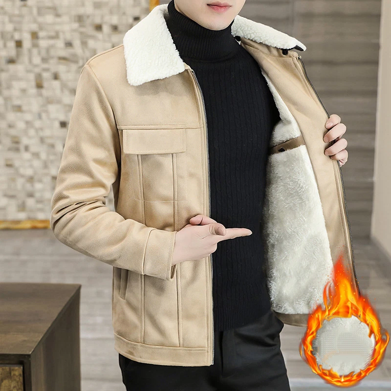 Men s Coat Solid Color Lapel Thicken Fashion Keep Warm Suede Coat Plush Jacket
