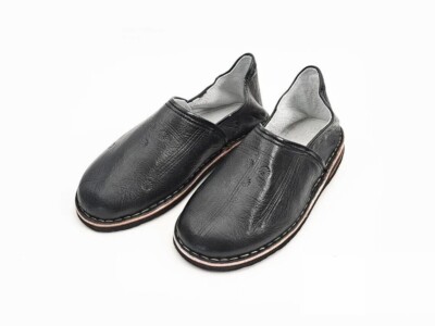 Babouche Handgefertigter Berber Hausschuh Leder Herren Damen Made in Marokko SCHWARZ