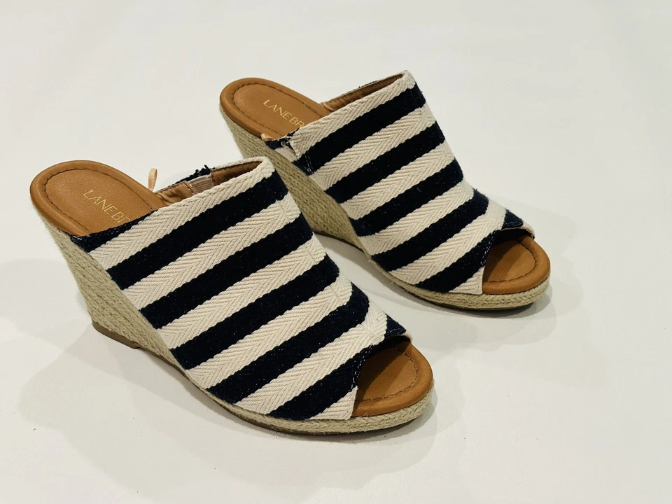 Lane Bryant Women’s Striped Fabric Espadrille Wedge Sandals Blue Beige Size 8 W - Image 3 of 4