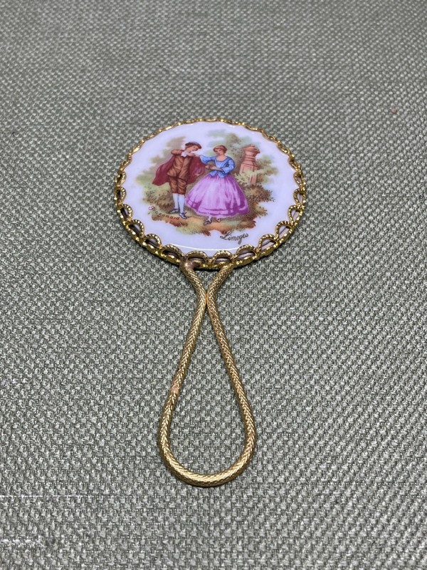 Limoges Porcelain Hand Mirror Victorian 5" Gold Guild