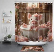 Funny Animal Pig in Bathtub Pink Floral Shower Curtain Bathroom Accessories Set