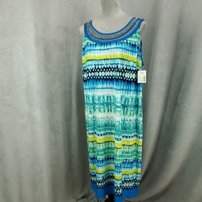 New Catherines Dress Womens Petite 1X Blue Teal Midi 1XWP Chain Neck Accent 1XP