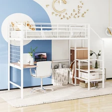Full Size Metal Loft Bed w/Desk and Metal Grid，Stylish Metal Frame Bed w/Lateral
