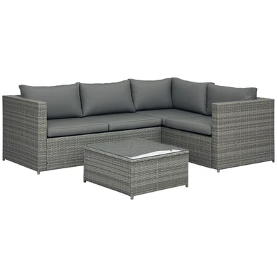 Outsunny 3Pcs Rattan Corner Sofa Set with Coffee Table, Cushion, Grey - Image 1 of 4