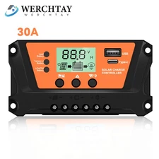 30A Solar Panel Battery Charge Controller 12V/24V LCD Regulator Auto Dual USB US