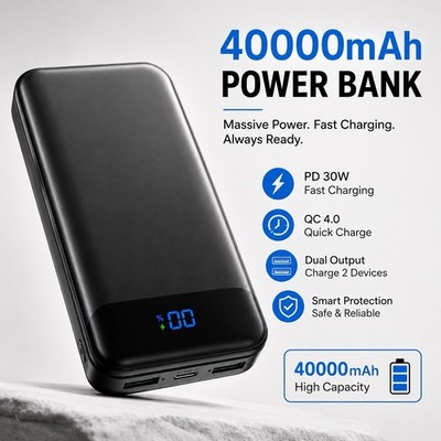 40000mAh Power Bank 30W PD QC Fast Charge 3-Port USB-C USB-A Qi Black