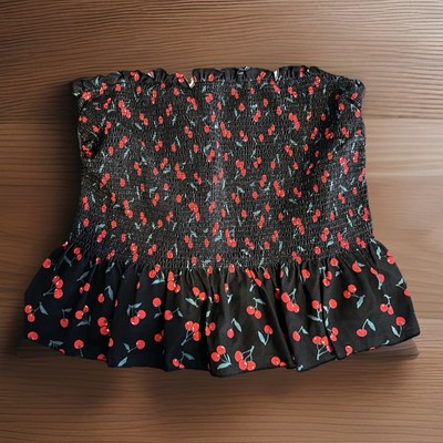 No Boundaries XL Cherry Smocked Crop Top Sweetheart Bodice Y2K Summer Retro