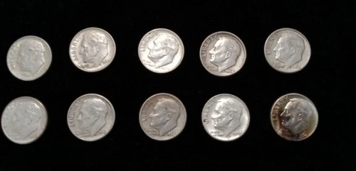 TEN (10) 1964 AND PRE  ROOSEVELT SILVER DIMES. SOME AU CONDITION. FREE SHIPPING!