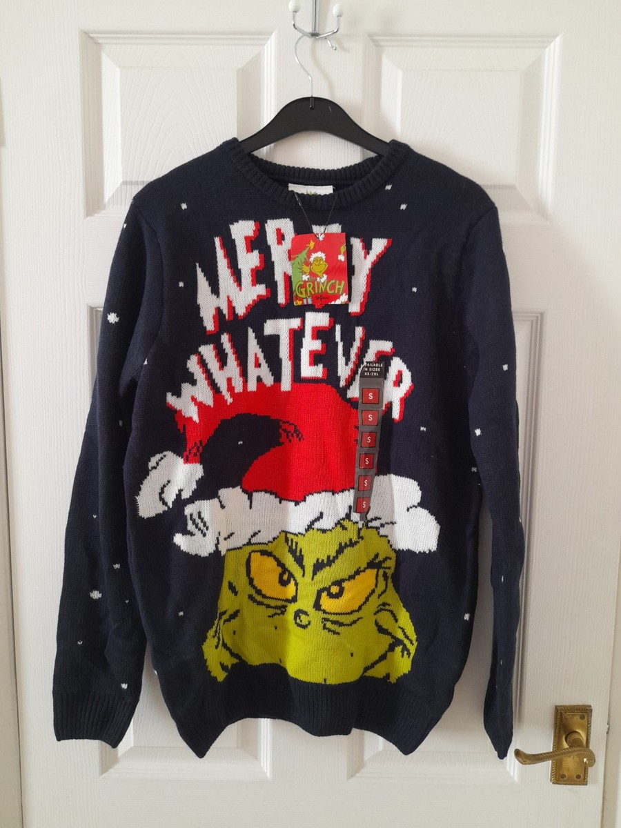 Primark Navy Blue The Grinch Dr Zeuss Men's Knitted Christmas Jumper Size S