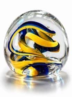 Vintage Art Glass Paperweight Blue Yellow Ribbon Swirl Heavy Murano Style