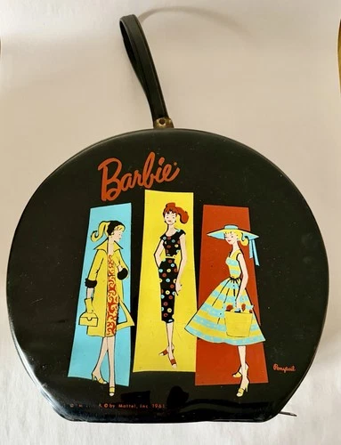 Vintage 1961 Barbie Round Hatbox Carrying Case - Black Vinyl Mattel Ponytail