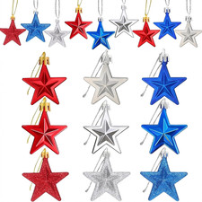 24 Pcs 4Th of July Patriotic Star Ornaments, Mini Red Blue Silver Glitter Hangin