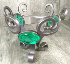 Wrought Iron Art Glass Stand, Vase Holder Or Candle Scroll Design Green Glass &