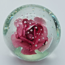 Vintage Art Glass Clear Paperweight With Pink Flower and Controlled Bubbles