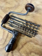Vintage W Birmingham Co Shop Ready 10” Bit Brace Hand Drill & 7Pc Bit Set, Nice!