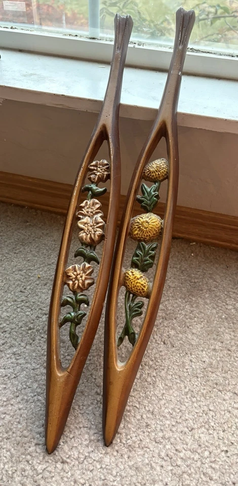 "Par de placas de pared vintage de aluminio fundido GM Midwest de 20"" - MCM floral de mediados de siglo"  Foto 2 de 4