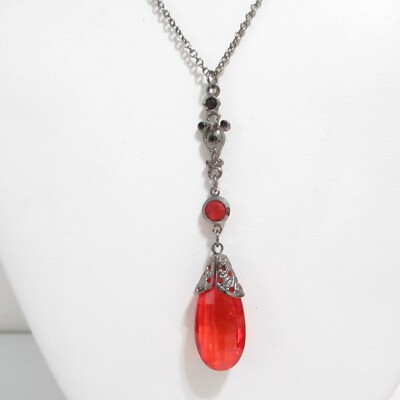 Robert Rose Necklace w Plastic Dark Orange Bead Bezel Crystal and Accents