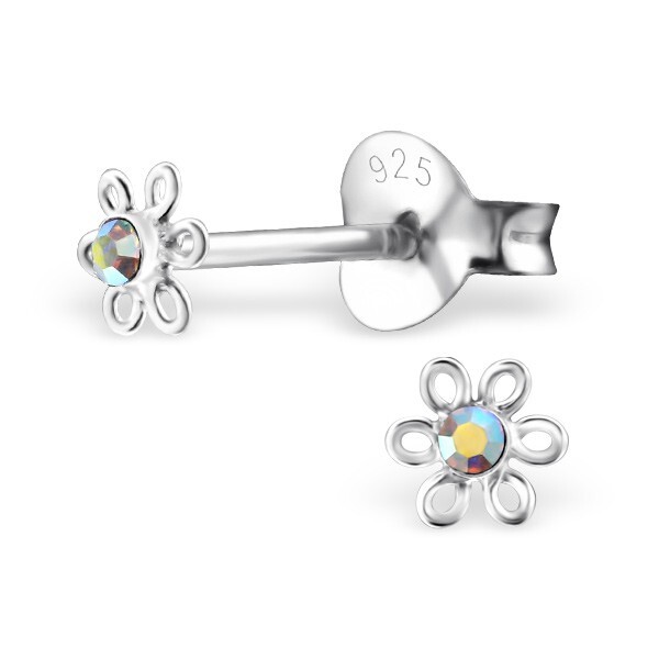 Kinder Ohrringe Blume Zirkonia Aurora Borealis 925 Silber Ohrstecker Geschenk-image