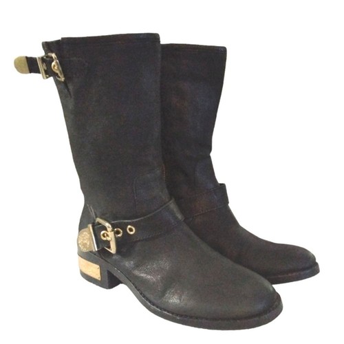Vince Camuto Black Leather Moto Boots Tall Buckled Biker Boots Women's size 8 - Picture 15 of 15