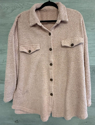 Unbranded Long Sleeve Button Shirt Women's Large Pink Fuzzy Faux Pockets Cozy