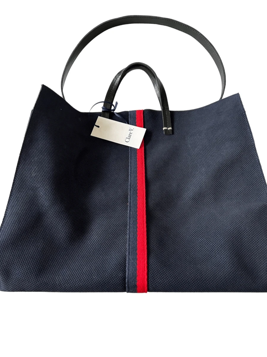 Clare V. Navy Blue Perforated Suede Stripes Detachable Shoulder