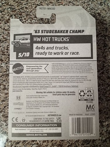 2022 Hot Wheels '63 Studebaker Champ #93/250 HW Hot Trucks #5/10 BLACK - Picture 3 of 4