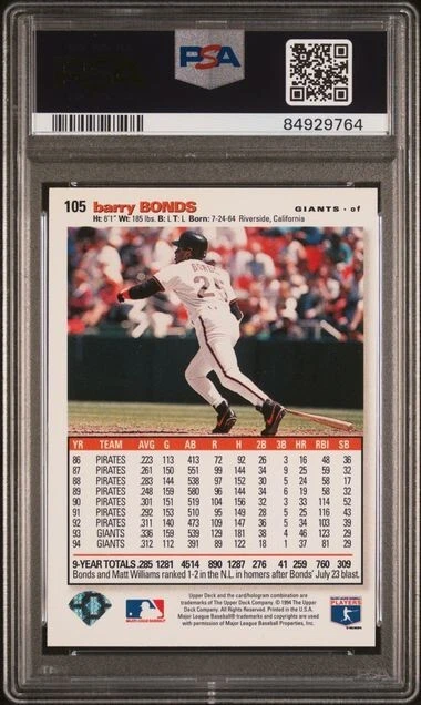 1995 BARRY BONDS UPPER DECK COLLECTOR'S CHOICE SE PSA 10 GEM MINT POP 15 - Image 2 of 2