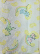 Vtg Riegel Cotton Flannel Baby Blanket Rainbows Clouds Pastel Bunny Bear Dog Cat