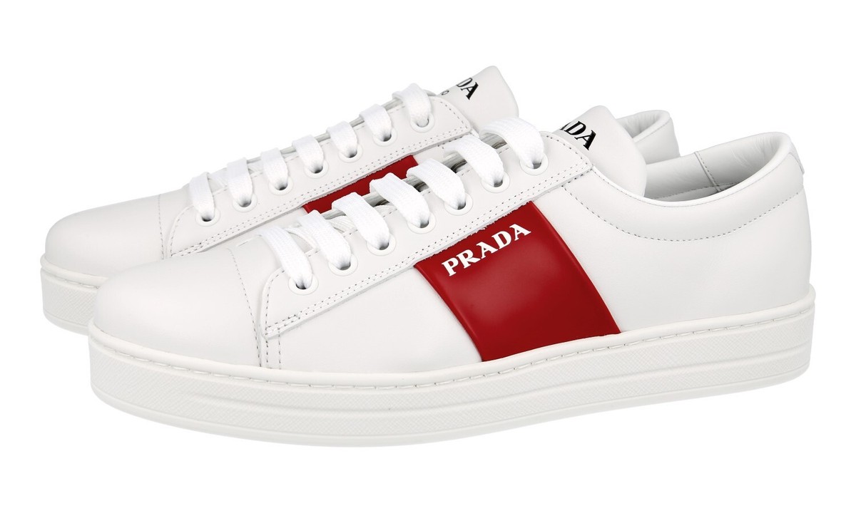 PRADA SNEAKERS SHOES 1E144N WHITE RED STRIPE LEATHER NEW