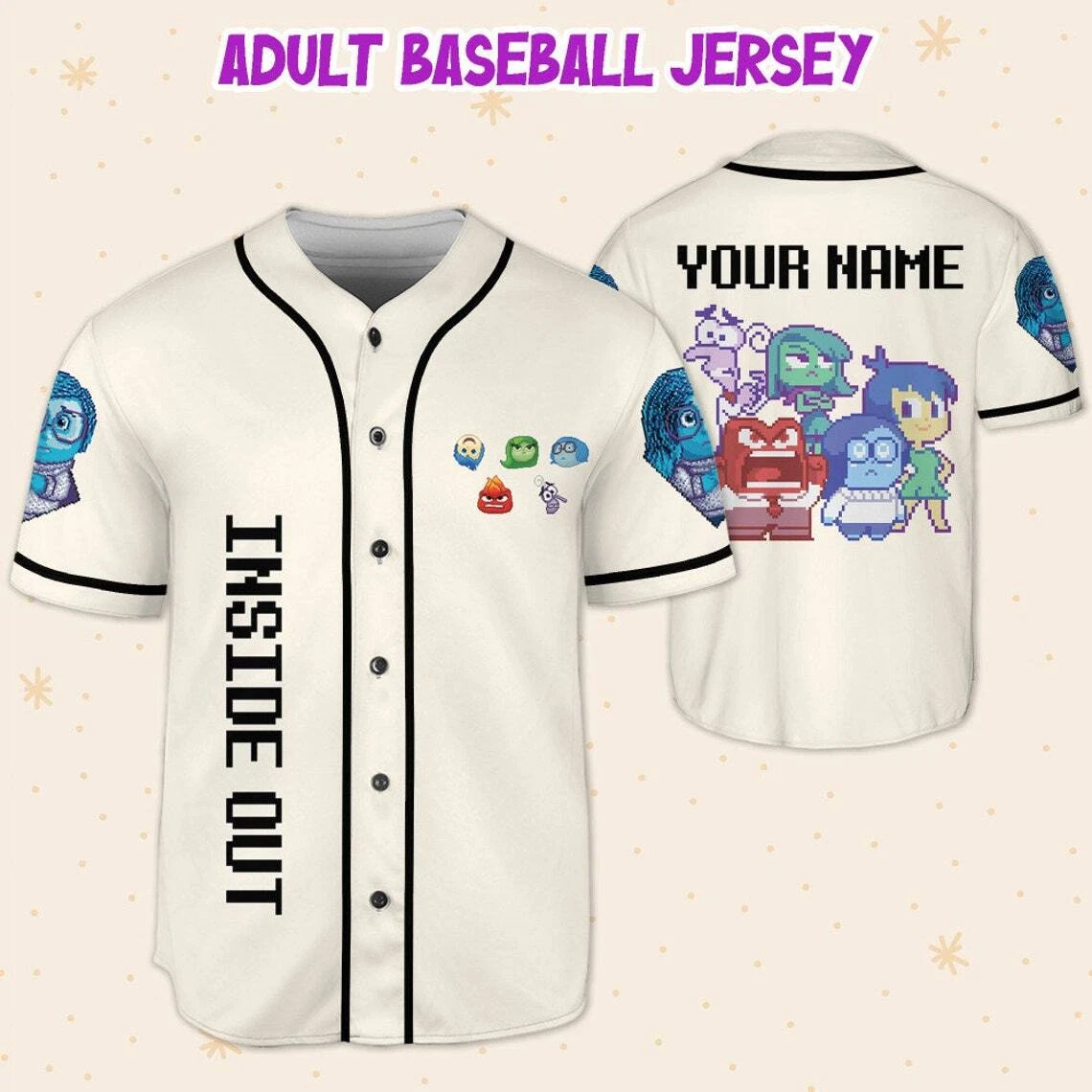 Personalized Disney Inside Out Pixel Character, Disneyland Baseball Jersey