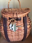 Vtg Woven Wicker Fishing Basket Creel Backpack Rustic Cabin Decor Faux Leather