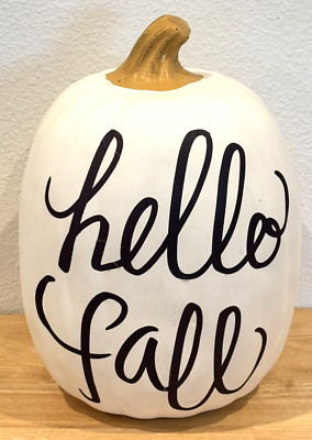 HTF ''HELLO FALL'' PLASTIC HALLOW FAUX WHITE 12'' PUMPKIN FIGURINE - STEM MARKS