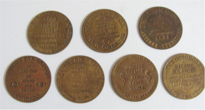 7 Brass Reproduction Brothel Tokens-All From Different Areas-Blank on Back