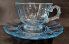 Fostoria Baroque Azure Blue Cup & Saucer Set Lot of 10 Vintage Depression Glass